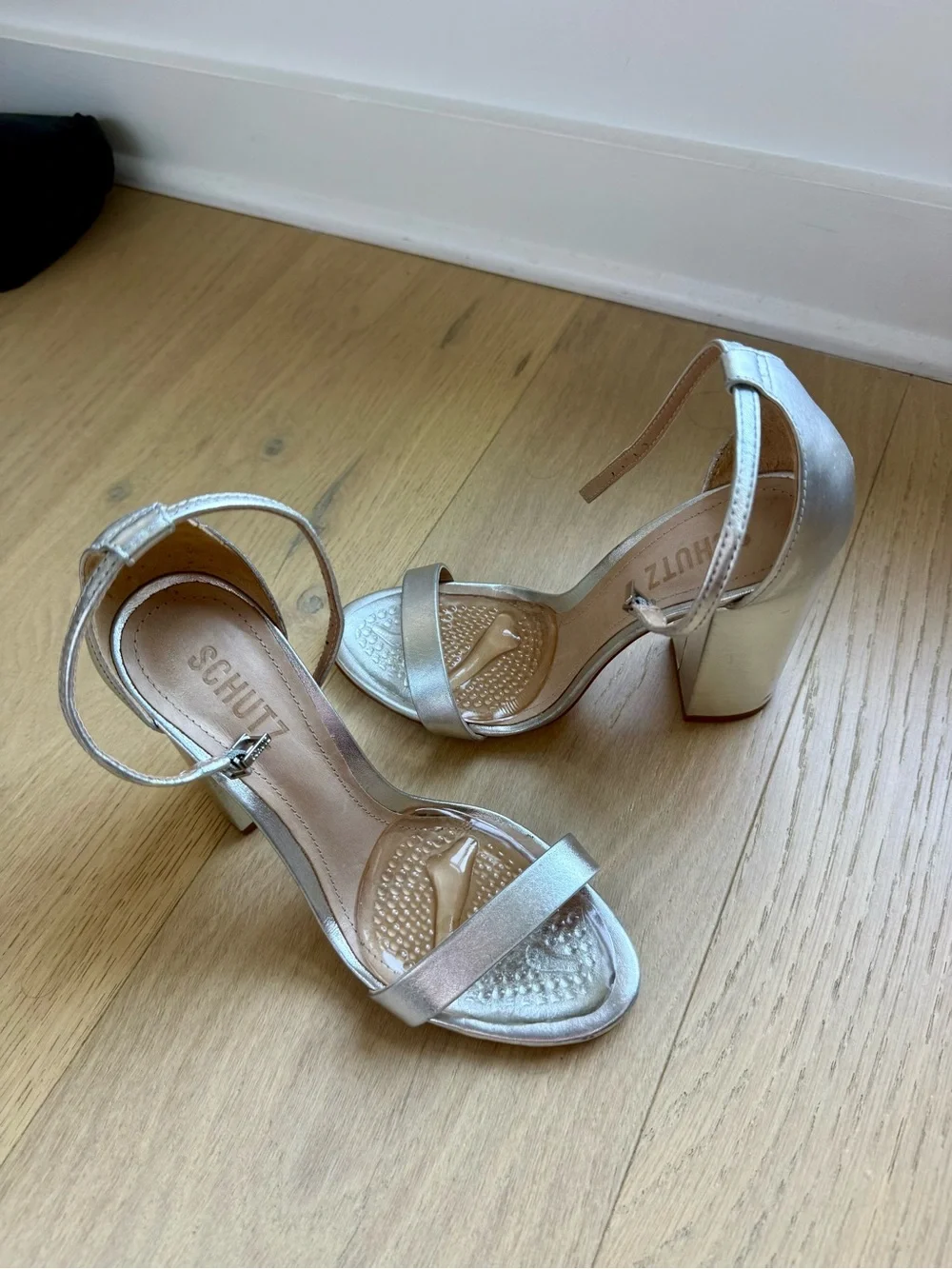 SCHUTZ Silver Metallic Ankle-Strap Block Heels